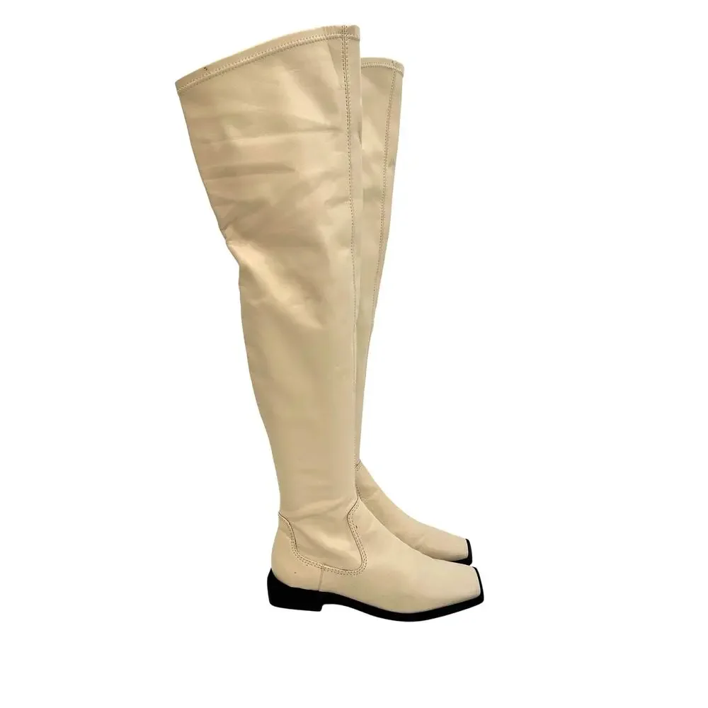 Schutz Guily Up Over The Knee Boots Eggshell Cream Leather‎ Square Toe Women 7.5